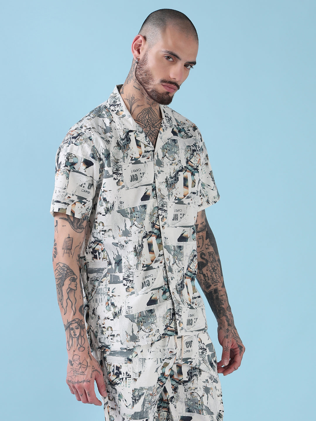Men's Off White Printed Cuban Collar Relaxed Fit Co-Ords Set