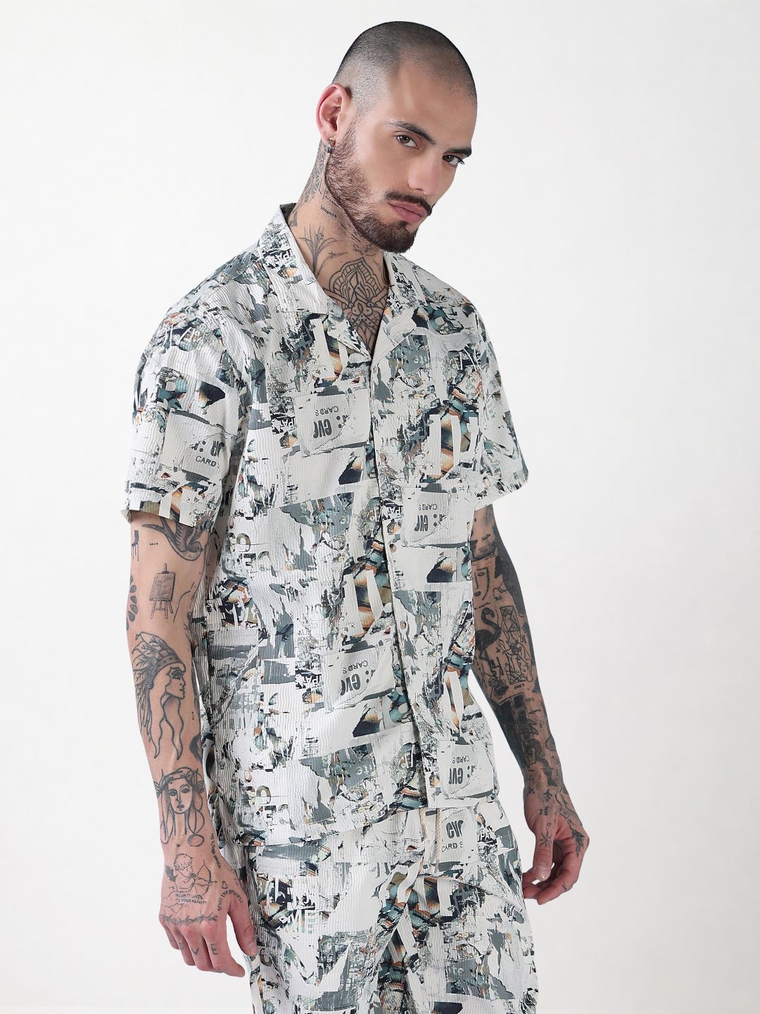 Men's Off White Printed Cuban Collar Relaxed Fit Co-Ords Set