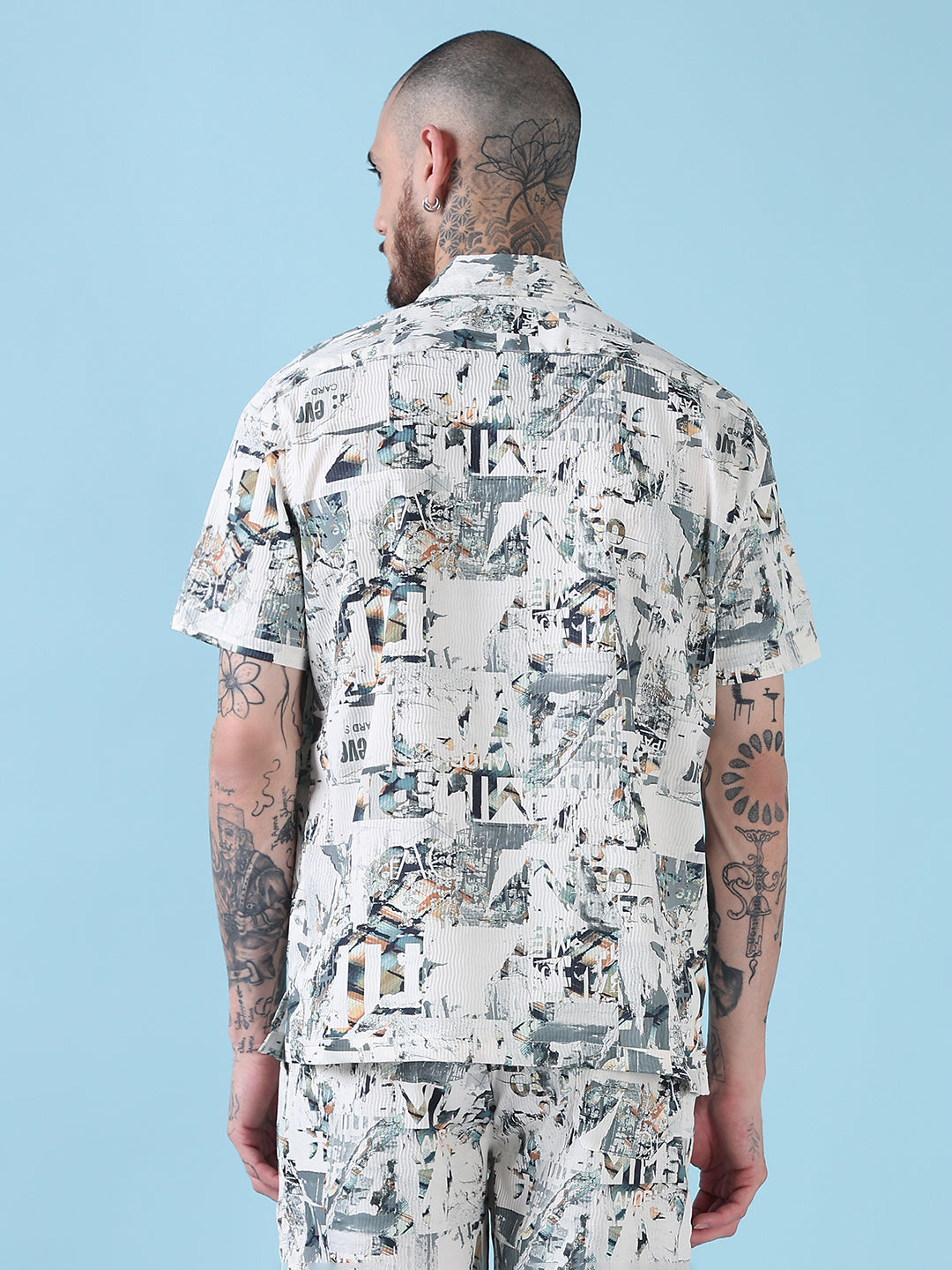 Men's Off White Printed Cuban Collar Relaxed Fit Co-Ords Set