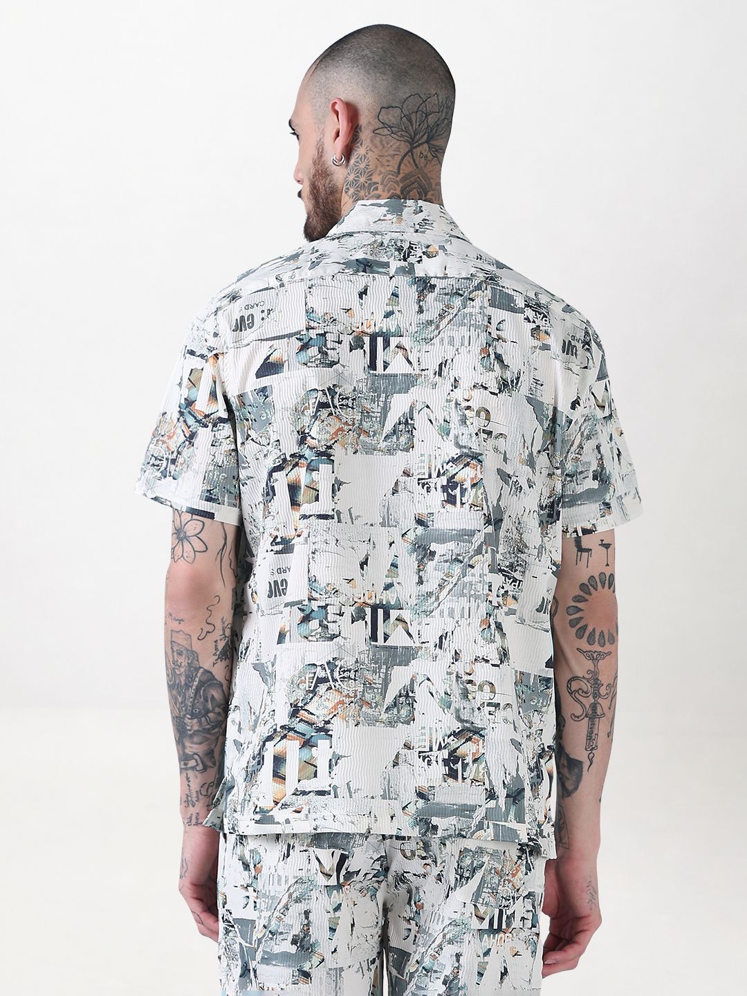 Men's Off White Printed Cuban Collar Relaxed Fit Co-Ords Set