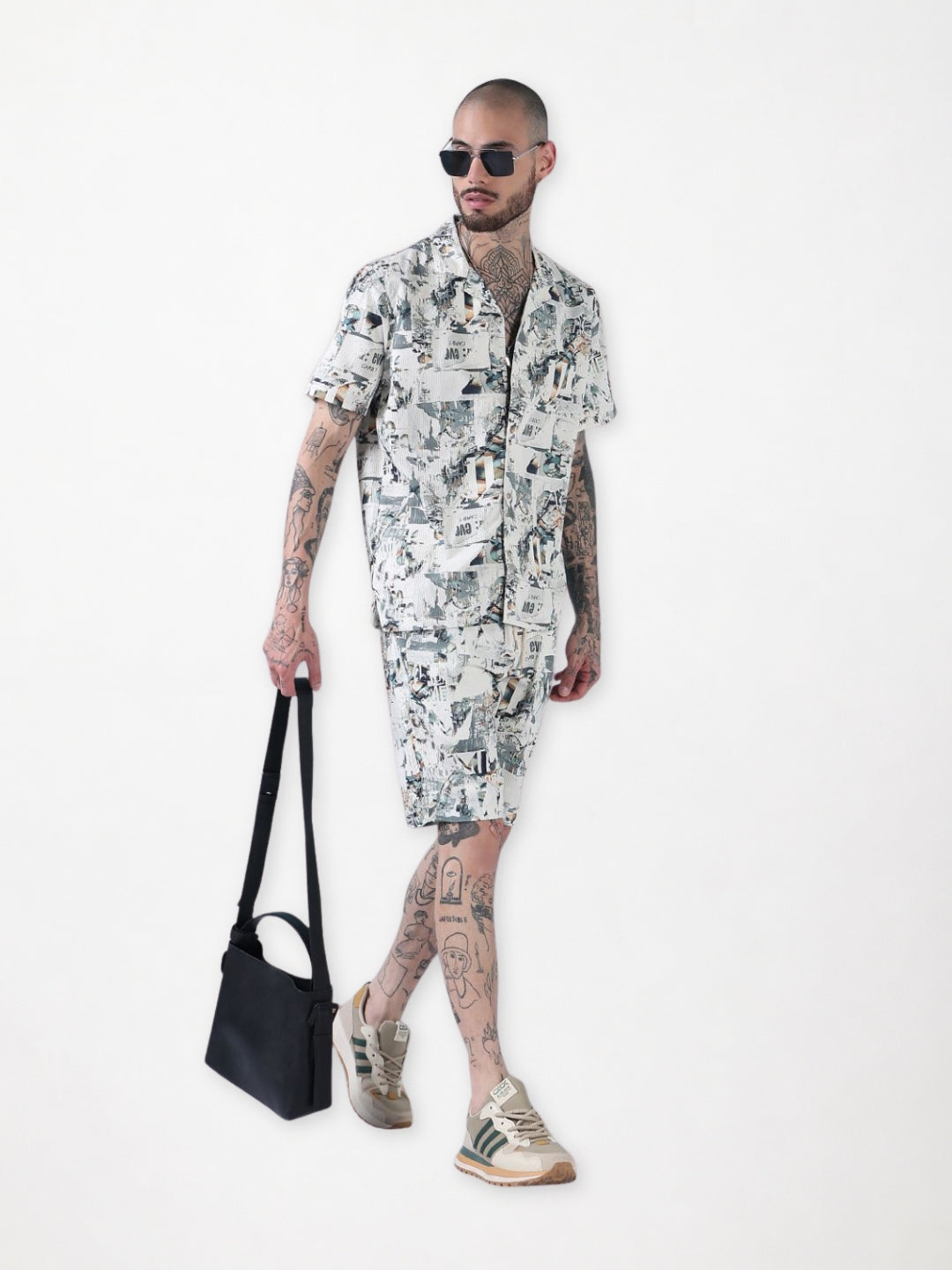 Men's Off White Printed Cuban Collar Relaxed Fit Co-Ords Set