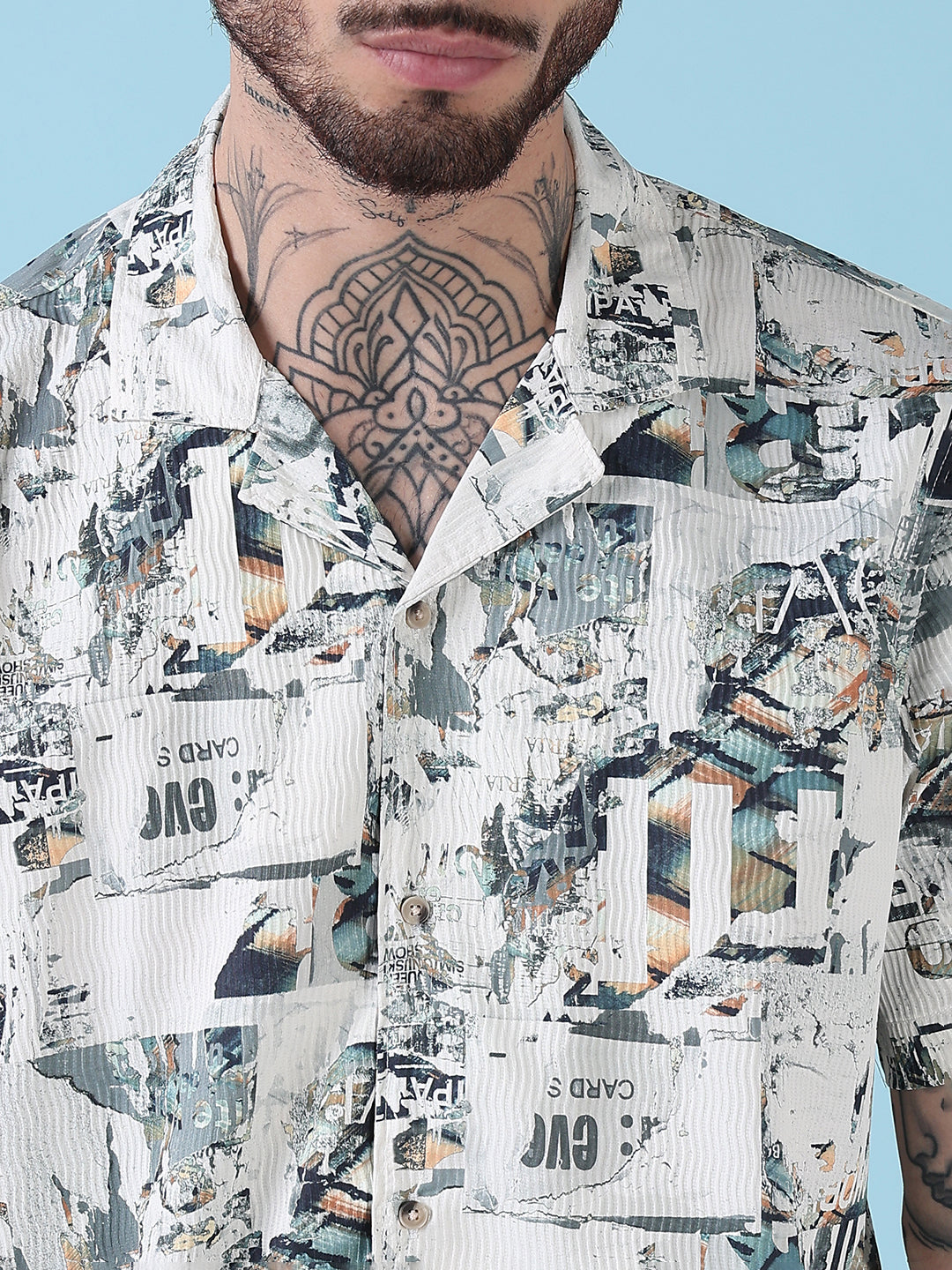 Men's Off White Printed Cuban Collar Relaxed Fit Co-Ords Set