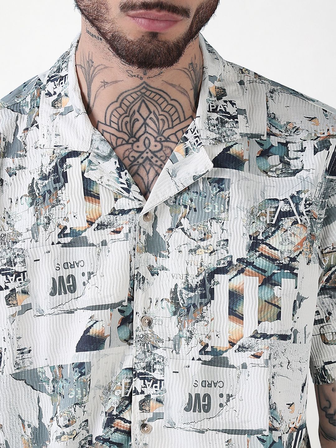 Men's Off White Printed Cuban Collar Relaxed Fit Co-Ords Set