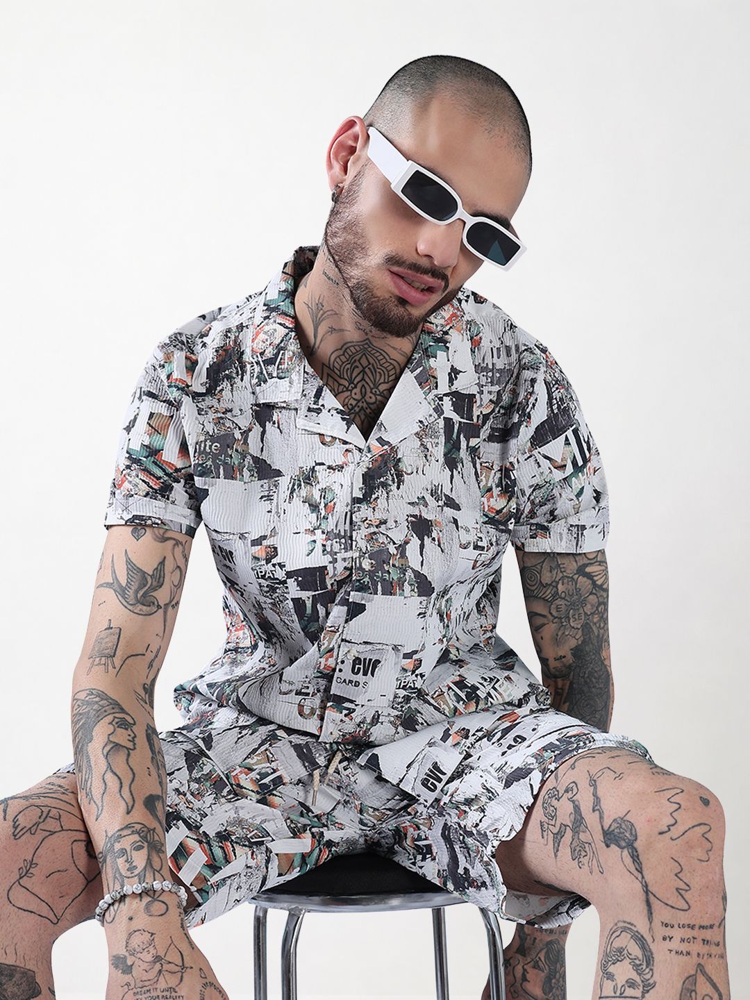Men's White Printed Cuban Collar Relaxed Fit Co-Ords Set