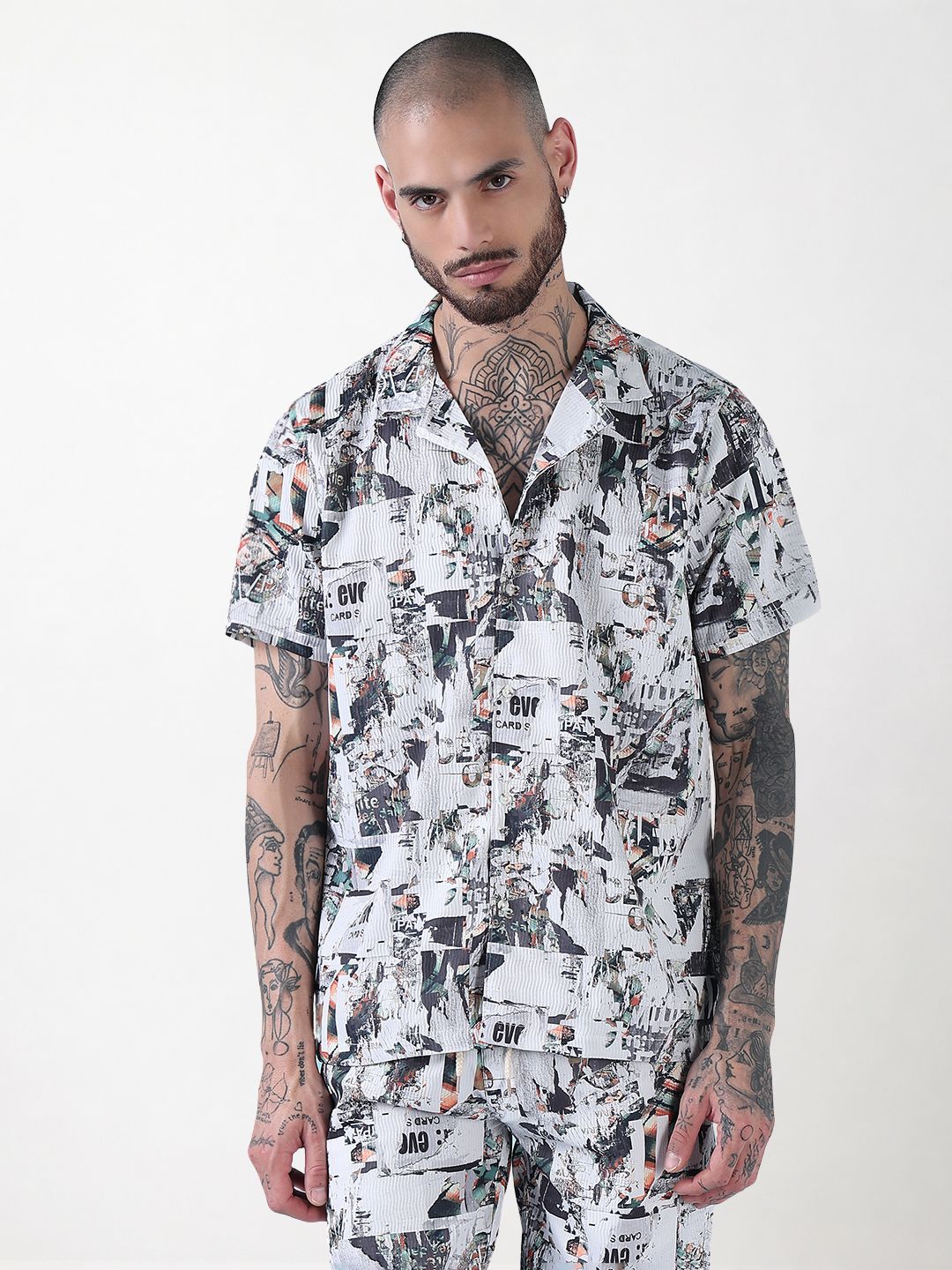 Men's White Printed Cuban Collar Relaxed Fit Co-Ords Set