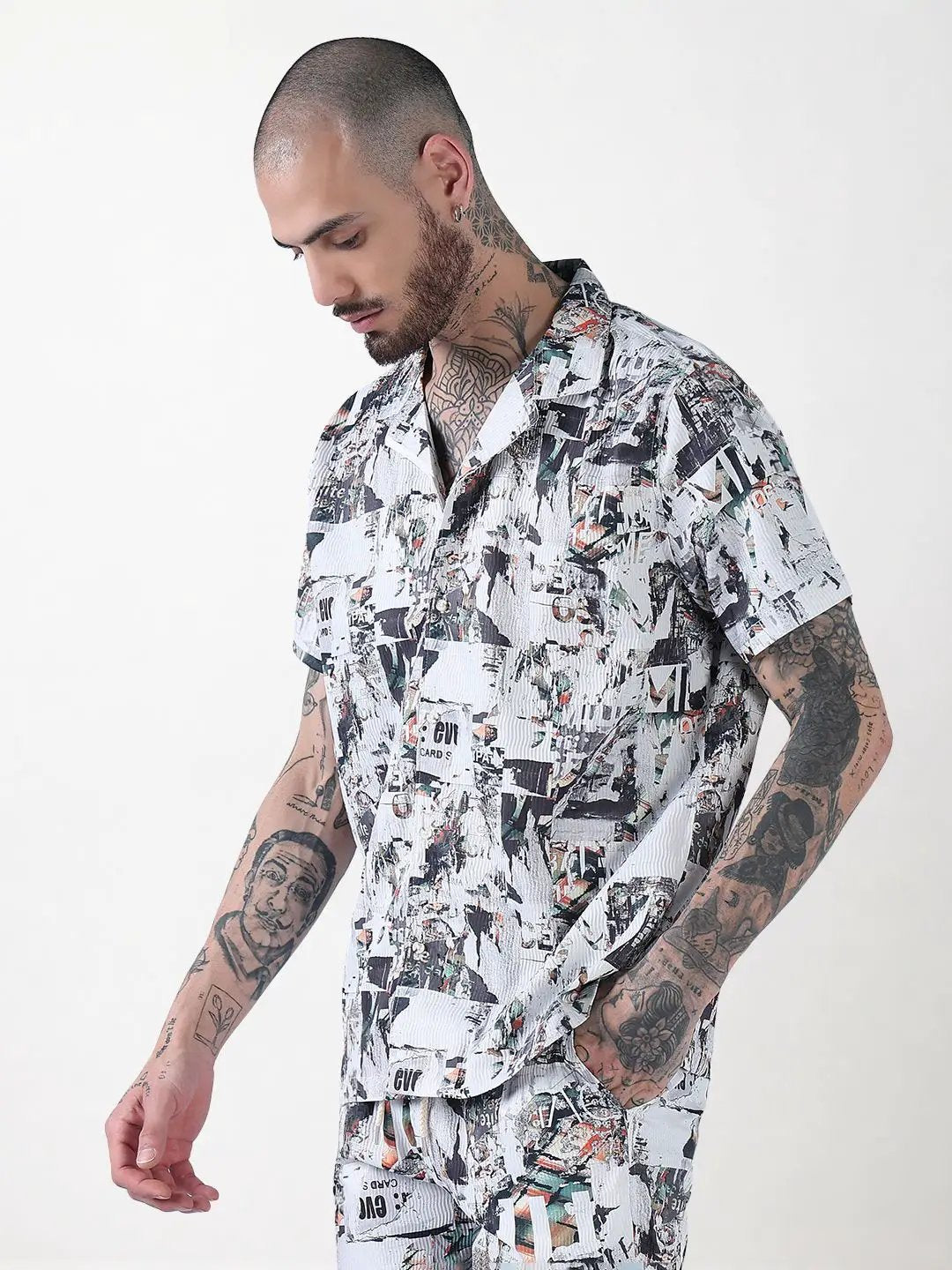 Men's White Printed Cuban Collar Relaxed Fit Co-Ords Set - Uncategorized from SHOWOFFFF