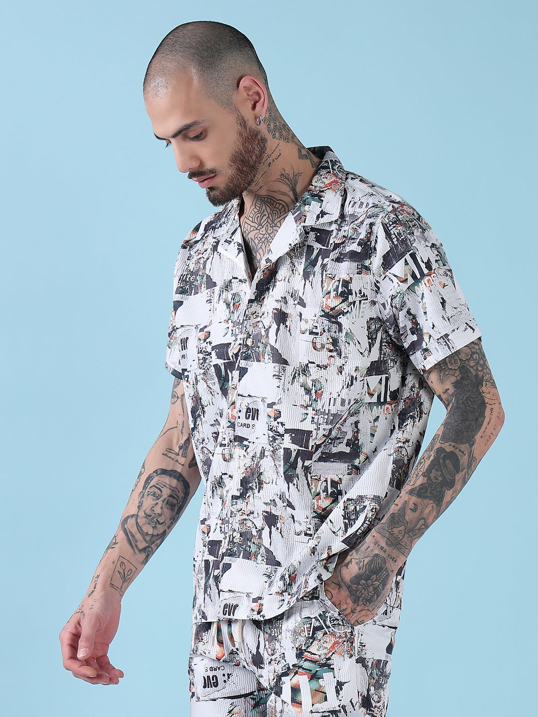 Men's White Printed Cuban Collar Relaxed Fit Co-Ords Set