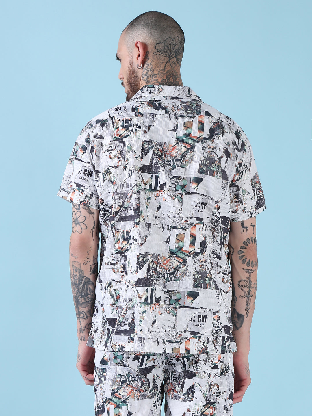 Men's White Printed Cuban Collar Relaxed Fit Co-Ords Set