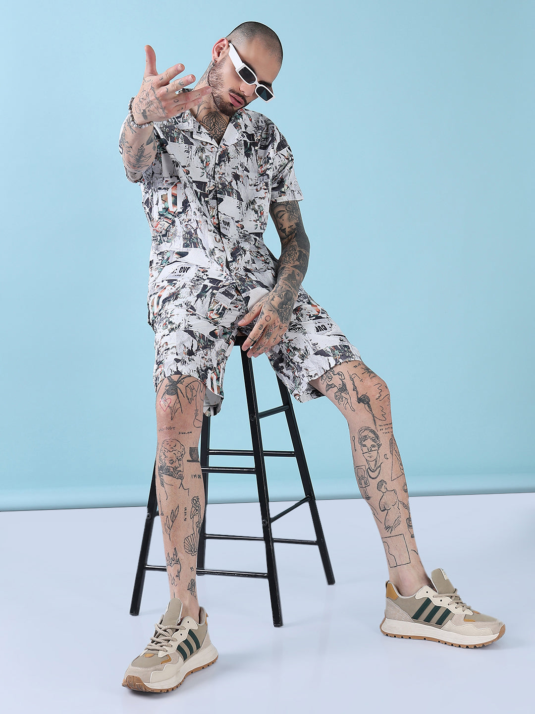 Men's White Printed Cuban Collar Relaxed Fit Co-Ords Set