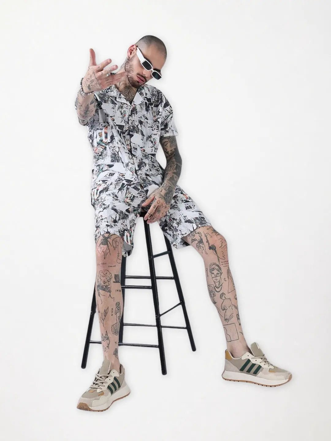 Men's White Printed Cuban Collar Relaxed Fit Co-Ords Set - Uncategorized from SHOWOFFFF