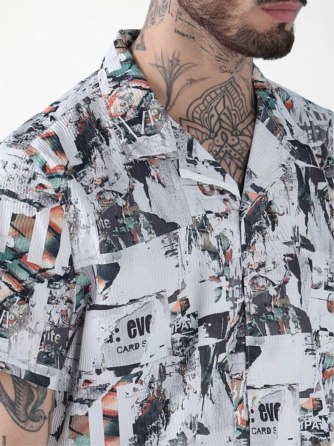 Men's White Printed Cuban Collar Relaxed Fit Co-Ords Set - Uncategorized from SHOWOFFFF