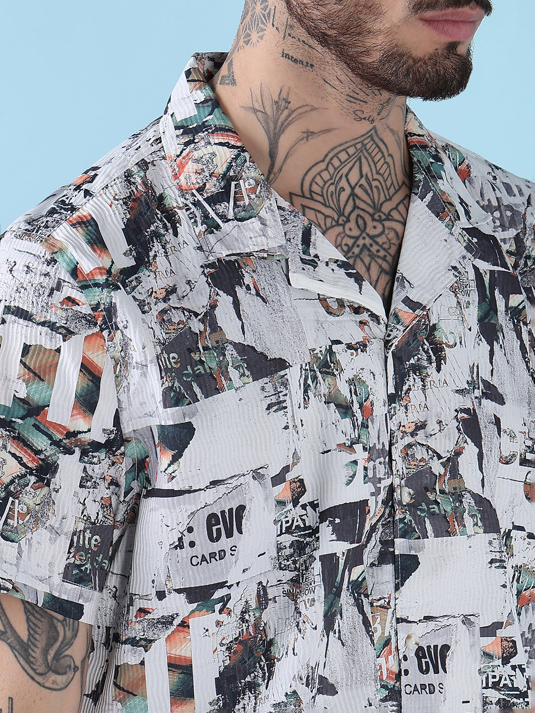 Men's White Printed Cuban Collar Relaxed Fit Co-Ords Set