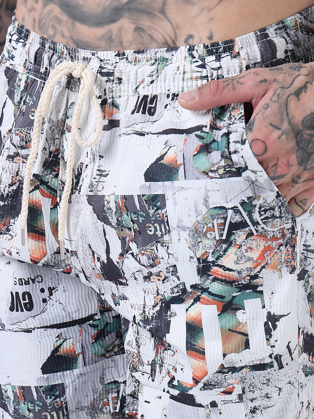 Men's White Printed Cuban Collar Relaxed Fit Co-Ords Set