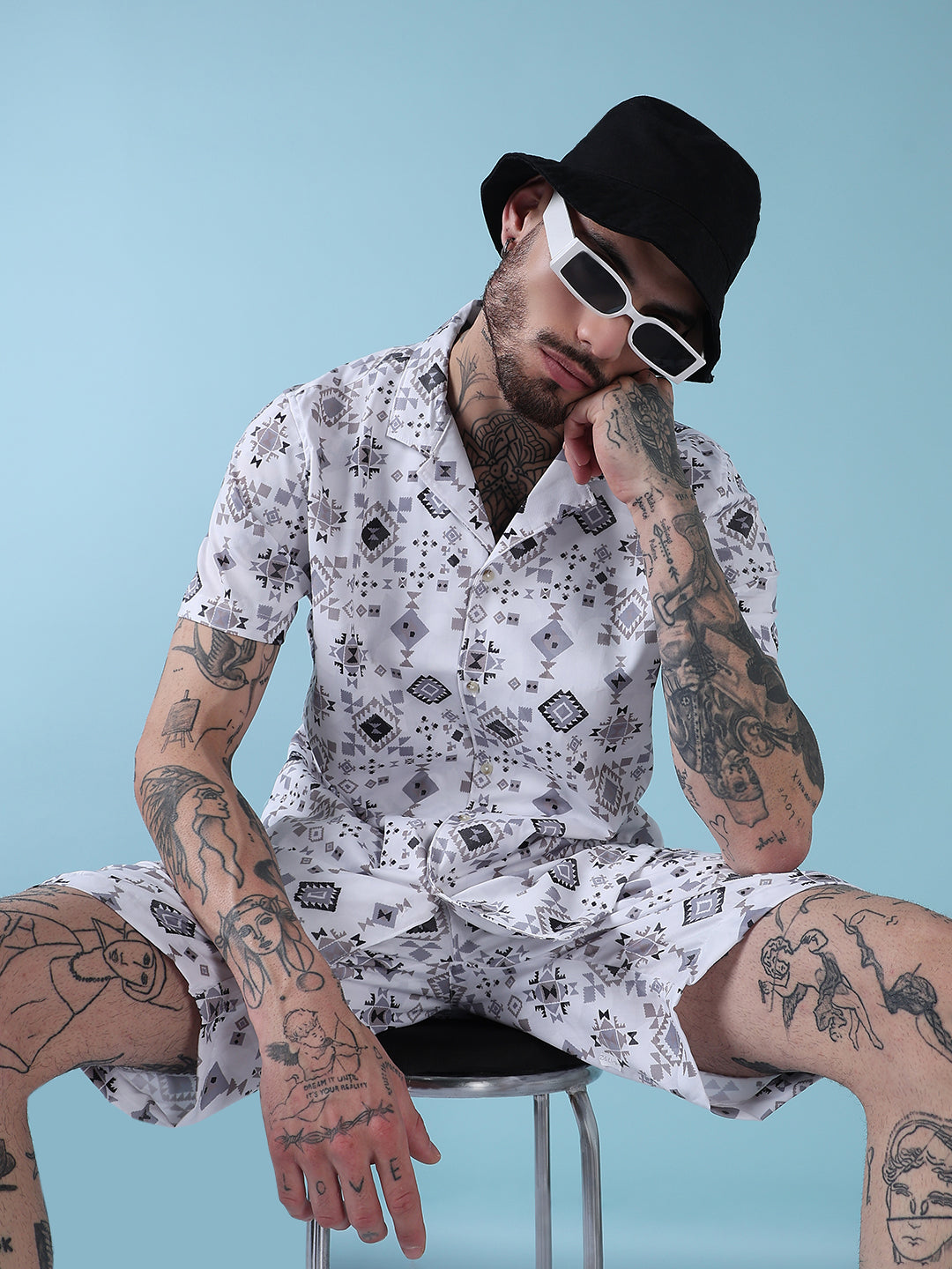 Men's White Printed Cuban Collar Relaxed Fit Co-Ords Set