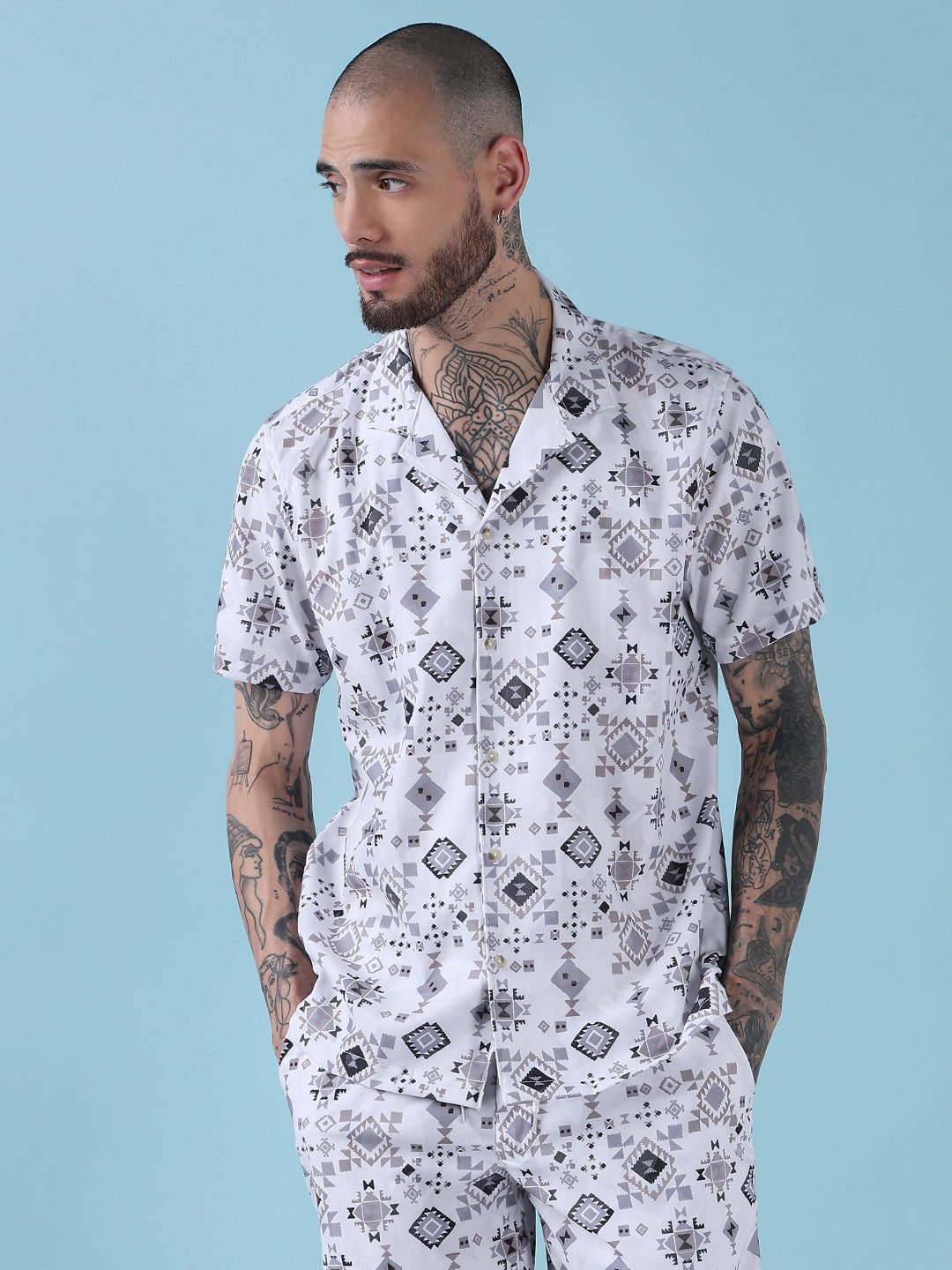 Men's White Printed Cuban Collar Relaxed Fit Co-Ords Set