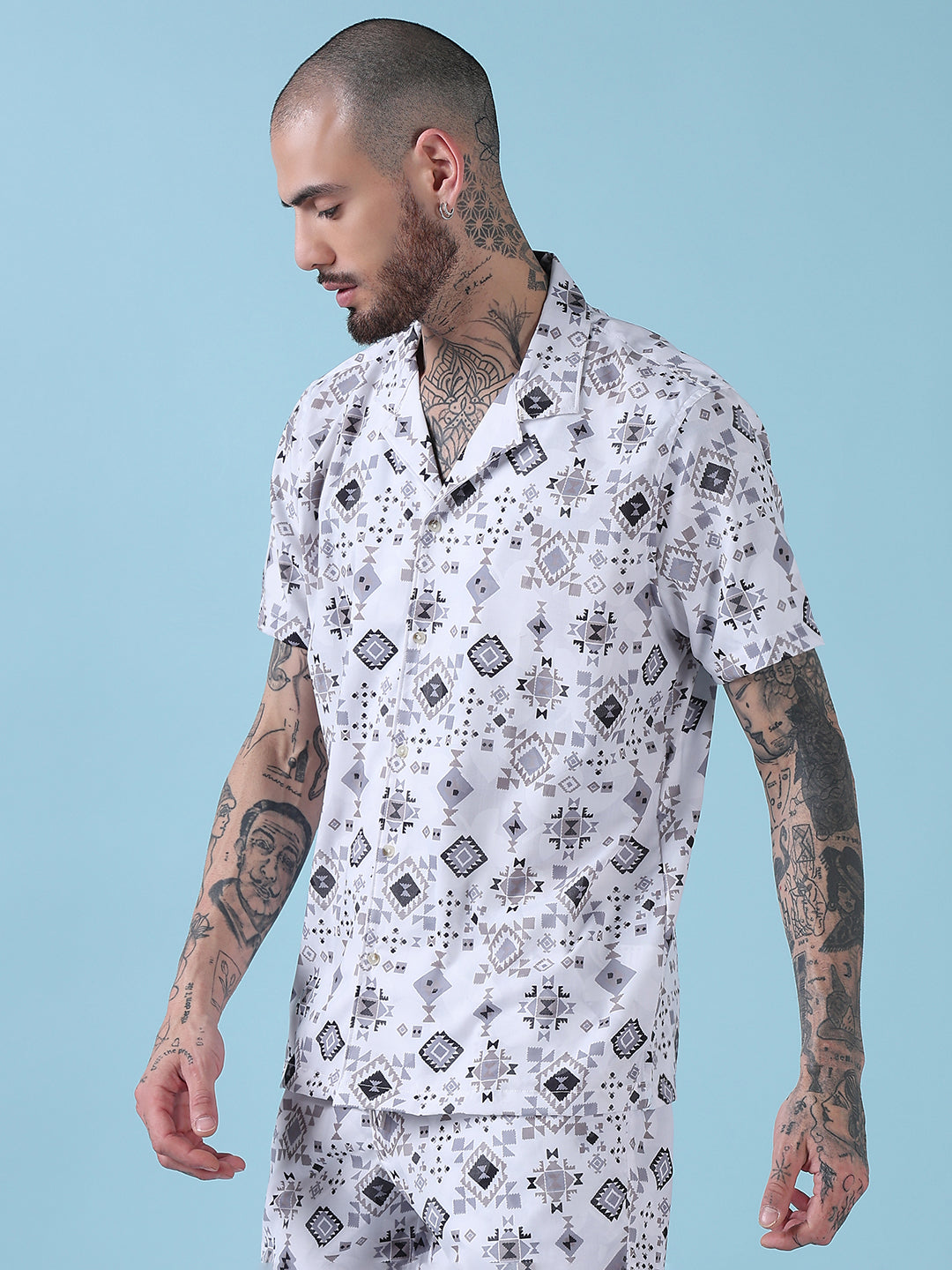Men's White Printed Cuban Collar Relaxed Fit Co-Ords Set
