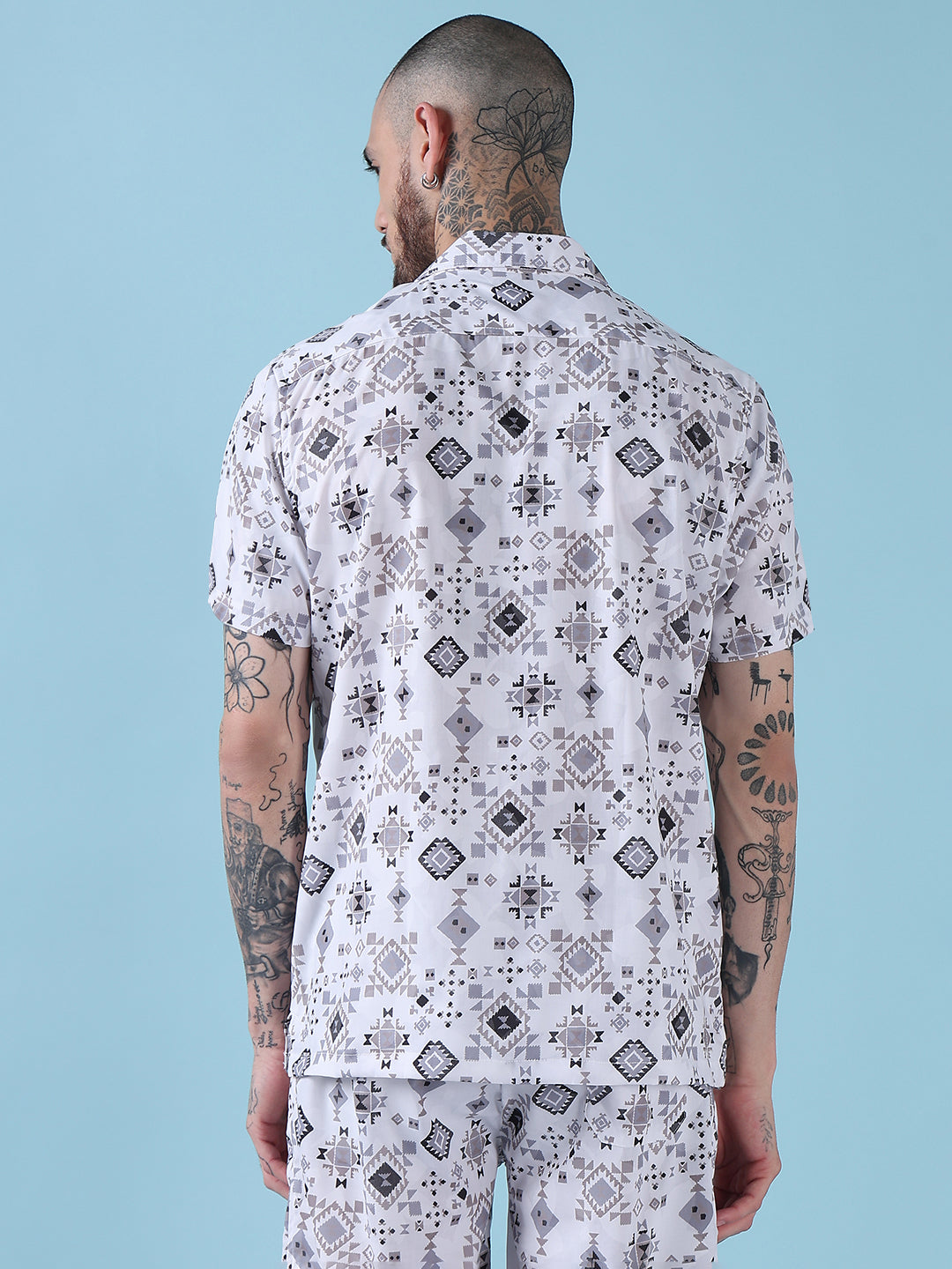 Men's White Printed Cuban Collar Relaxed Fit Co-Ords Set