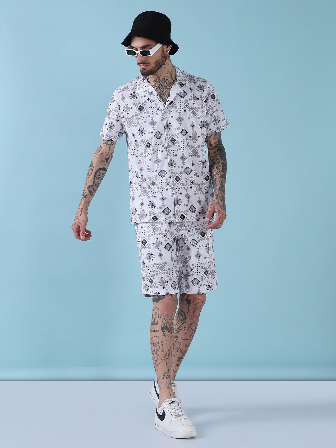 Men's White Printed Cuban Collar Relaxed Fit Co-Ords Set