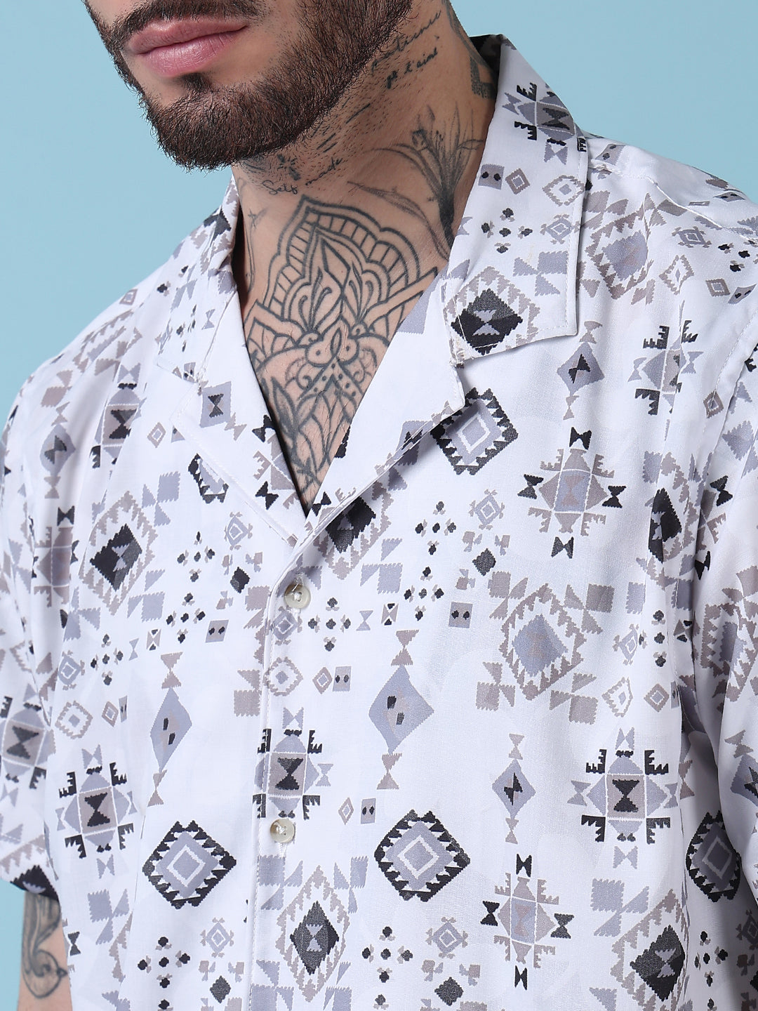 Men's White Printed Cuban Collar Relaxed Fit Co-Ords Set