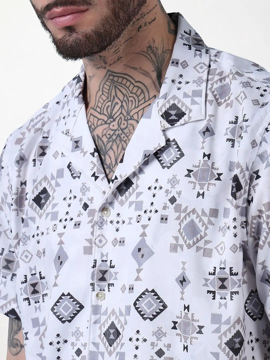 Men's White Printed Cuban Collar Relaxed Fit Co-Ords Set - Uncategorized from SHOWOFFFF