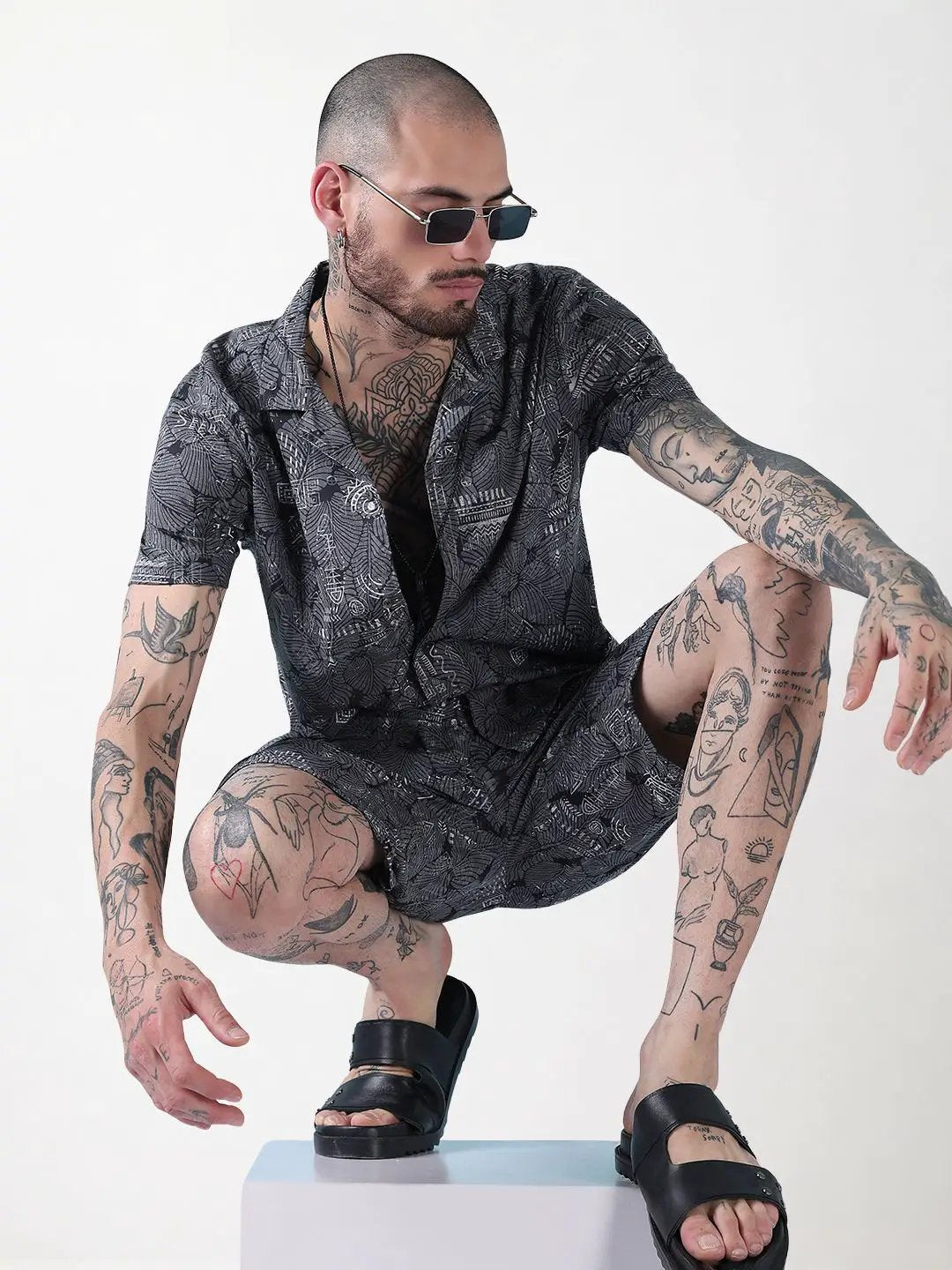 Men's Grey Indie Florals Cuban Collar Relaxed Fit Co-Ords Set - Uncategorized from SHOWOFFFF