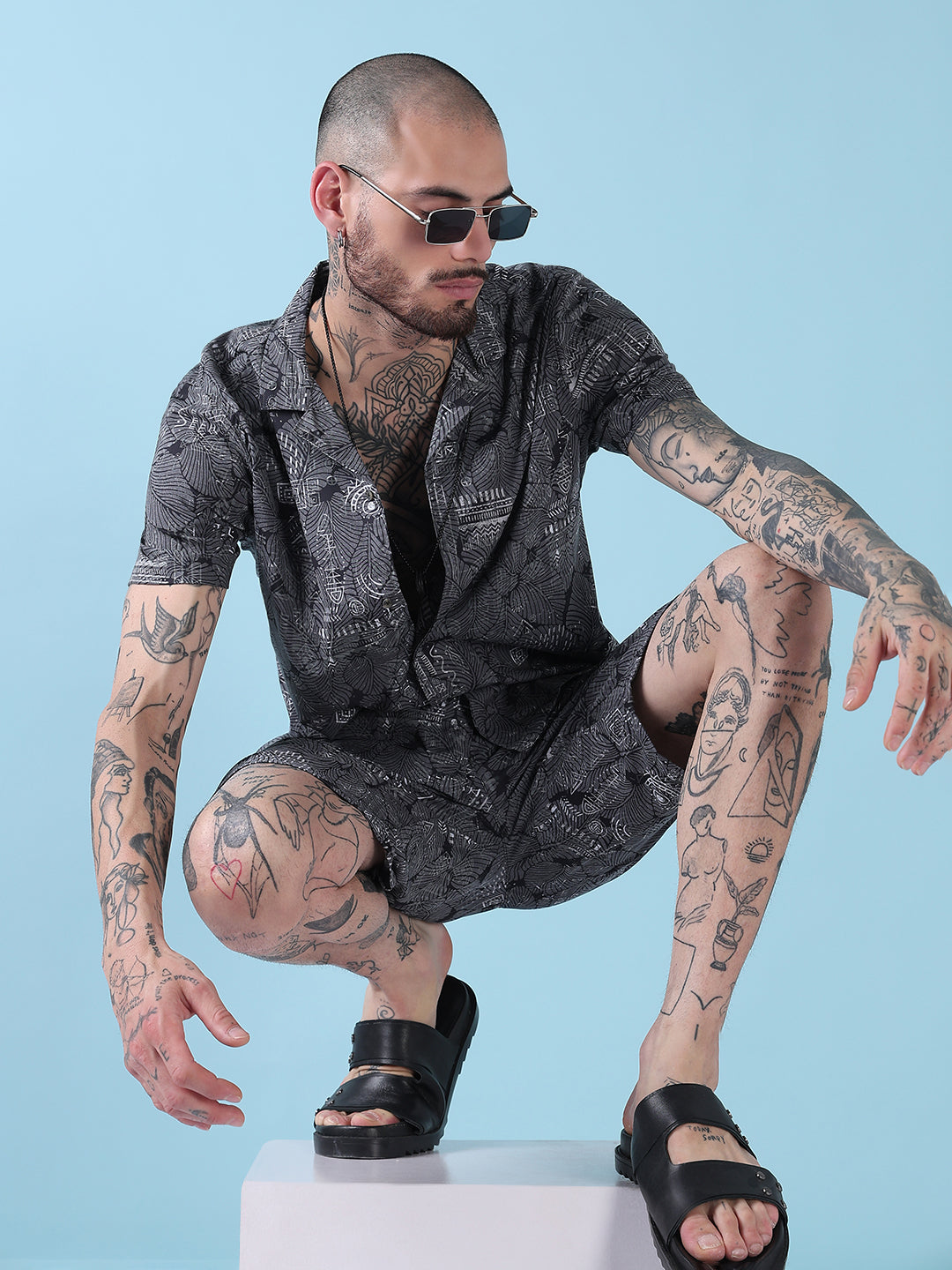 Men's Grey Indie Florals Cuban Collar Relaxed Fit Co-Ords Set