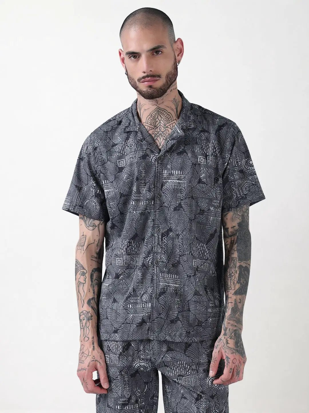Men's Grey Indie Florals Cuban Collar Relaxed Fit Co-Ords Set - Uncategorized from SHOWOFFFF