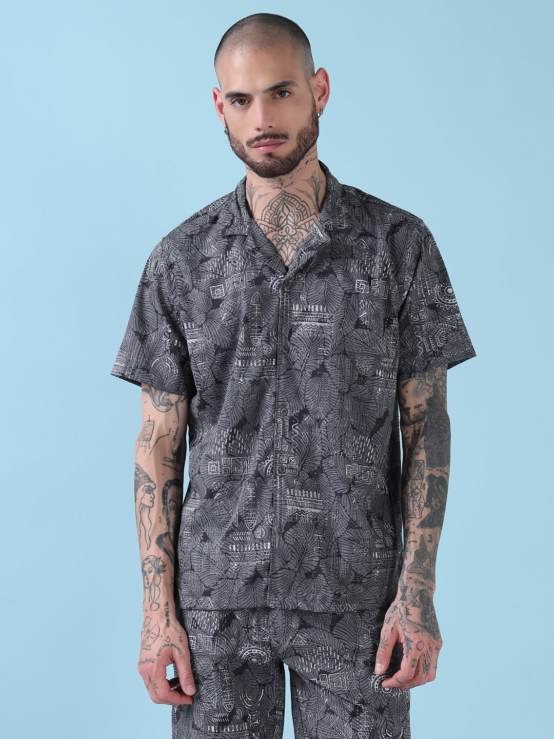 Men's Grey Indie Florals Cuban Collar Relaxed Fit Co-Ords Set