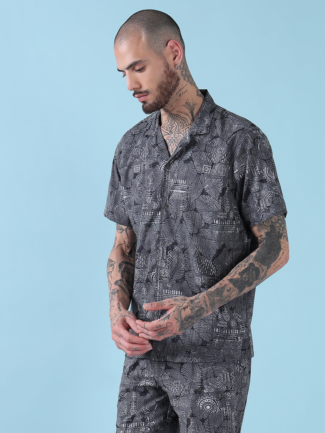 Men's Grey Indie Florals Cuban Collar Relaxed Fit Co-Ords Set