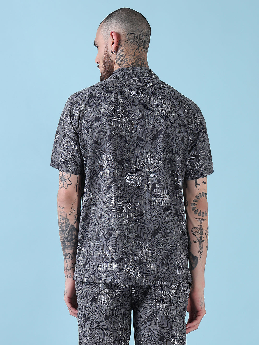Men's Grey Indie Florals Cuban Collar Relaxed Fit Co-Ords Set