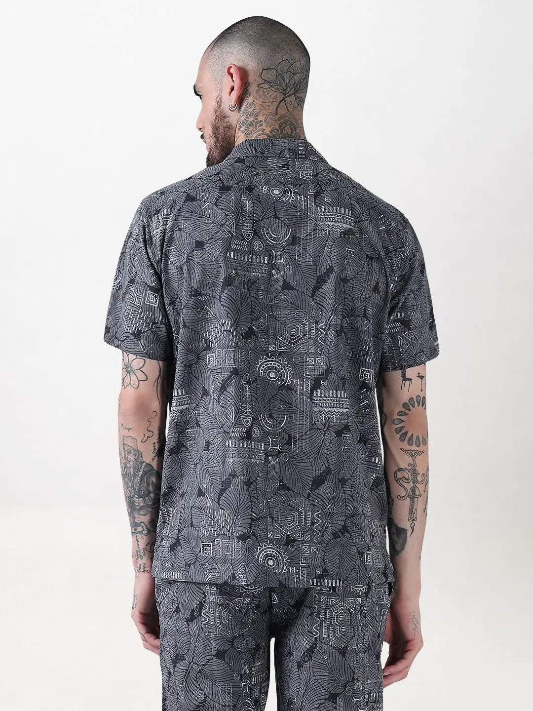 Men's Grey Indie Florals Cuban Collar Relaxed Fit Co-Ords Set - Uncategorized from SHOWOFFFF