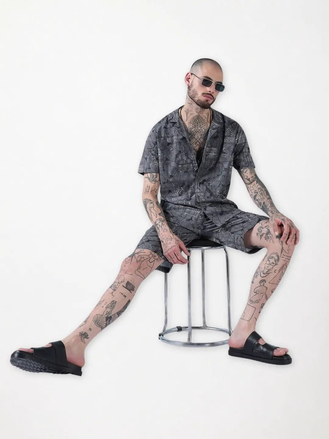 Men's Grey Indie Florals Cuban Collar Relaxed Fit Co-Ords Set - Uncategorized from SHOWOFFFF
