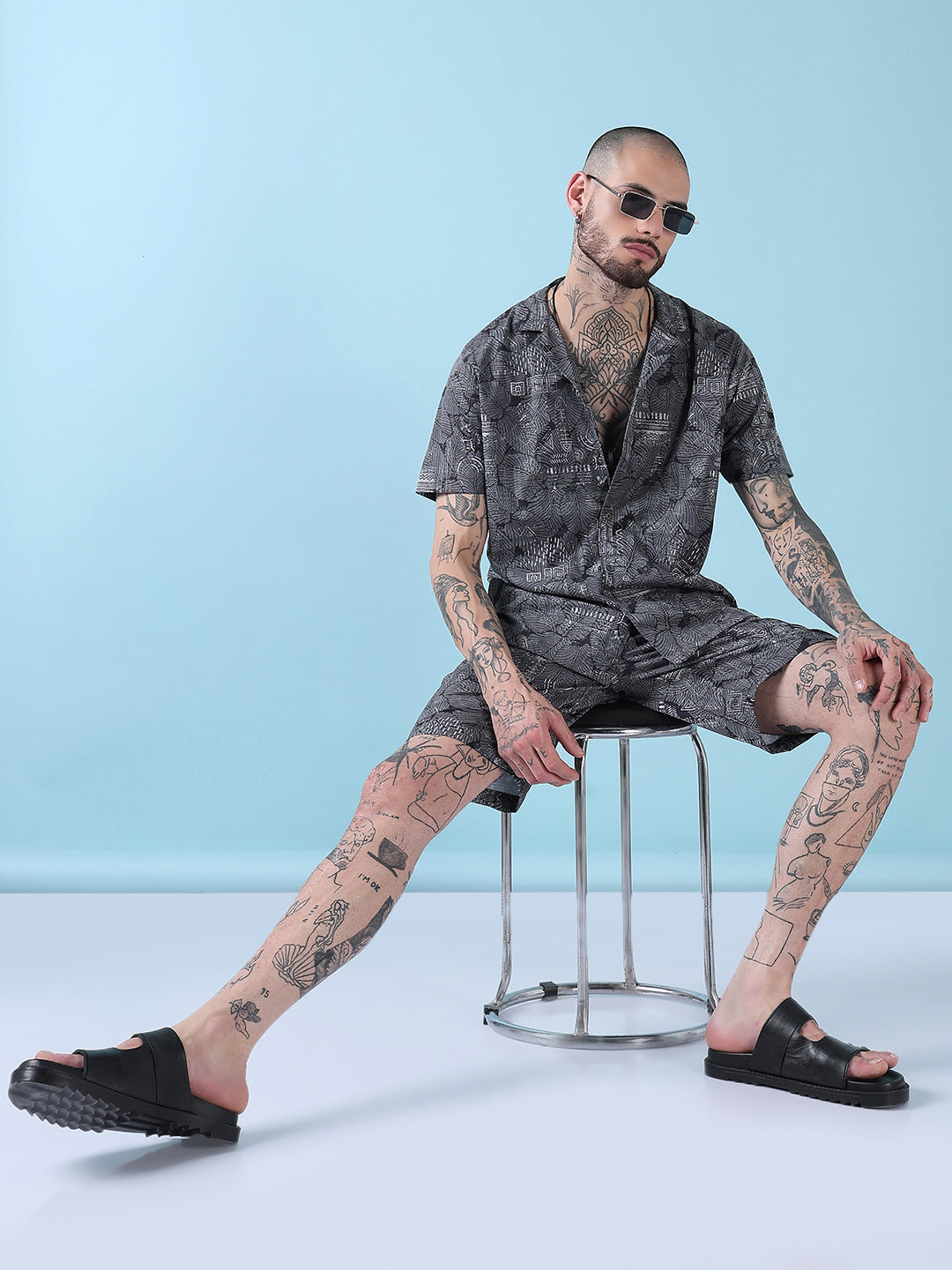 Men's Grey Indie Florals Cuban Collar Relaxed Fit Co-Ords Set