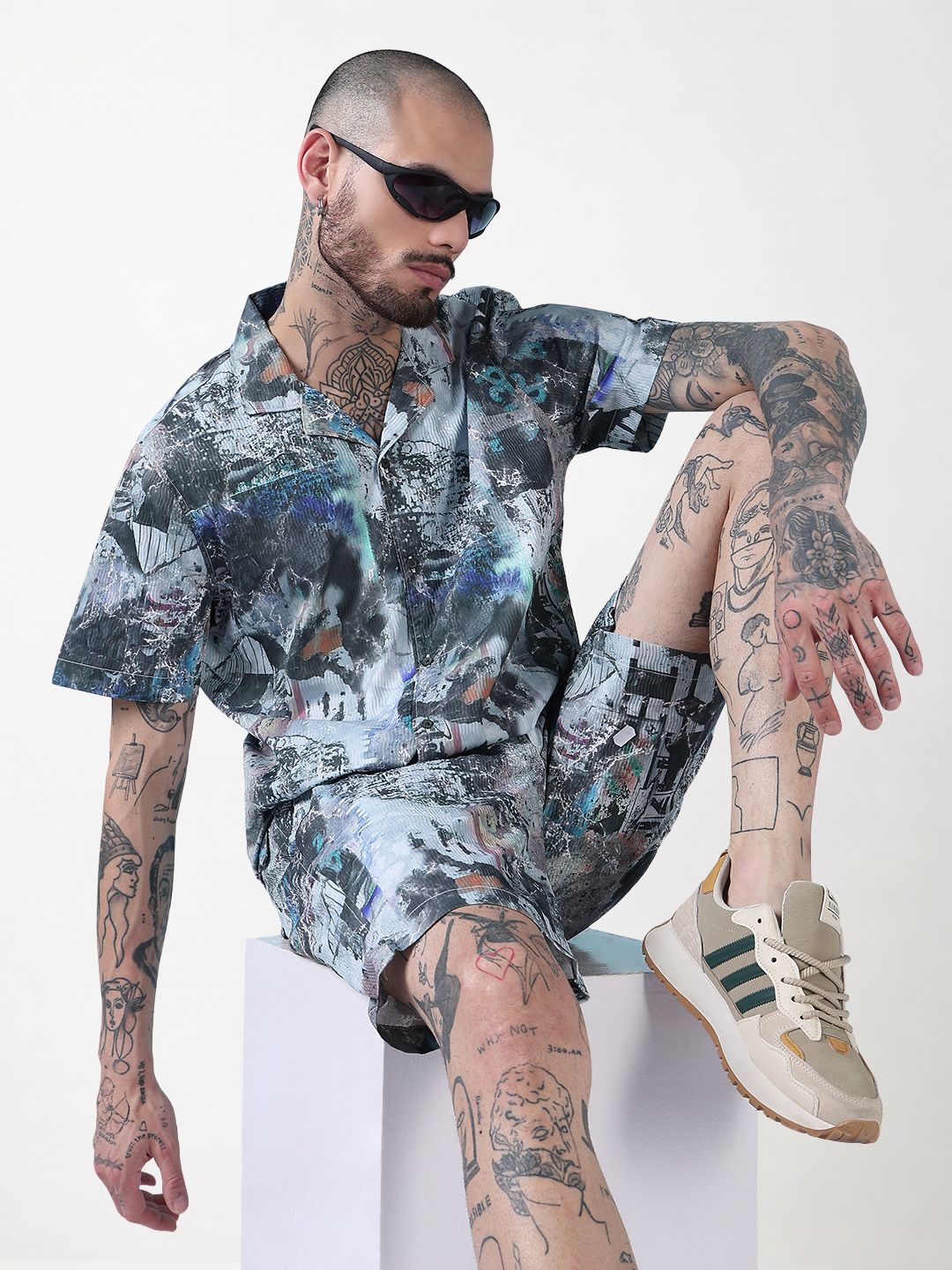 Men's Multi Printed Cuban Collar Relaxed Fit Co-Ords Set
