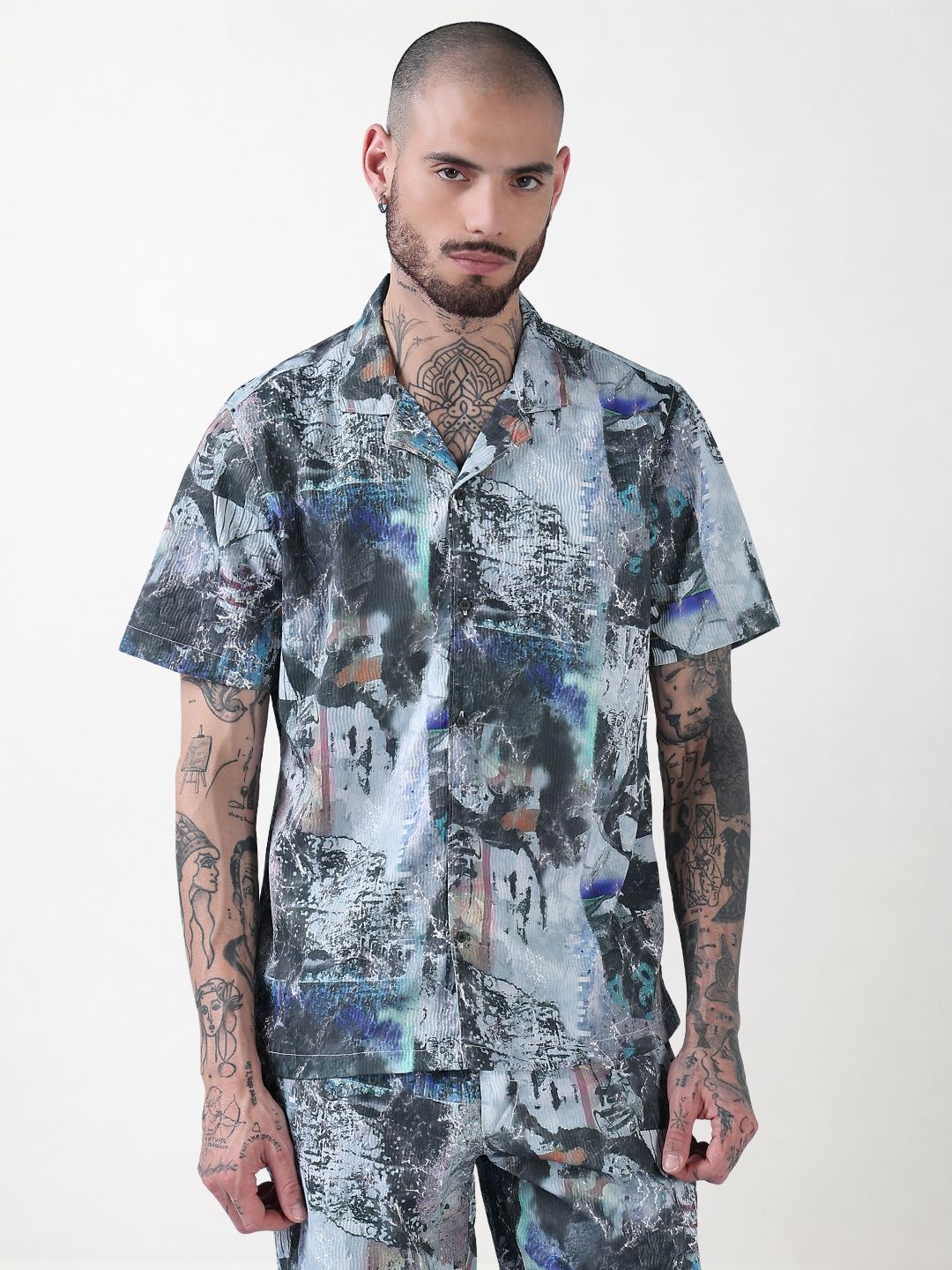 Men's Multi Printed Cuban Collar Relaxed Fit Co-Ords Set