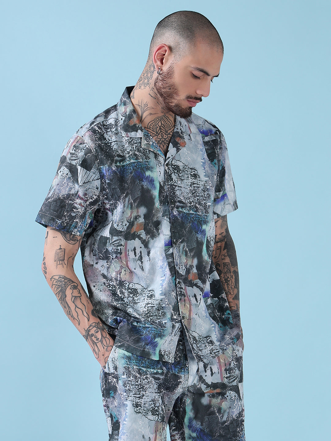 Men's Multi Printed Cuban Collar Relaxed Fit Co-Ords Set