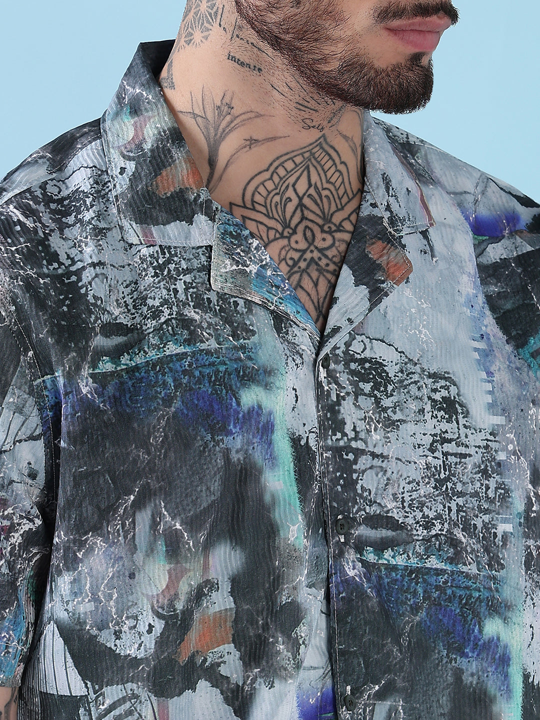 Men's Multi Printed Cuban Collar Relaxed Fit Co-Ords Set