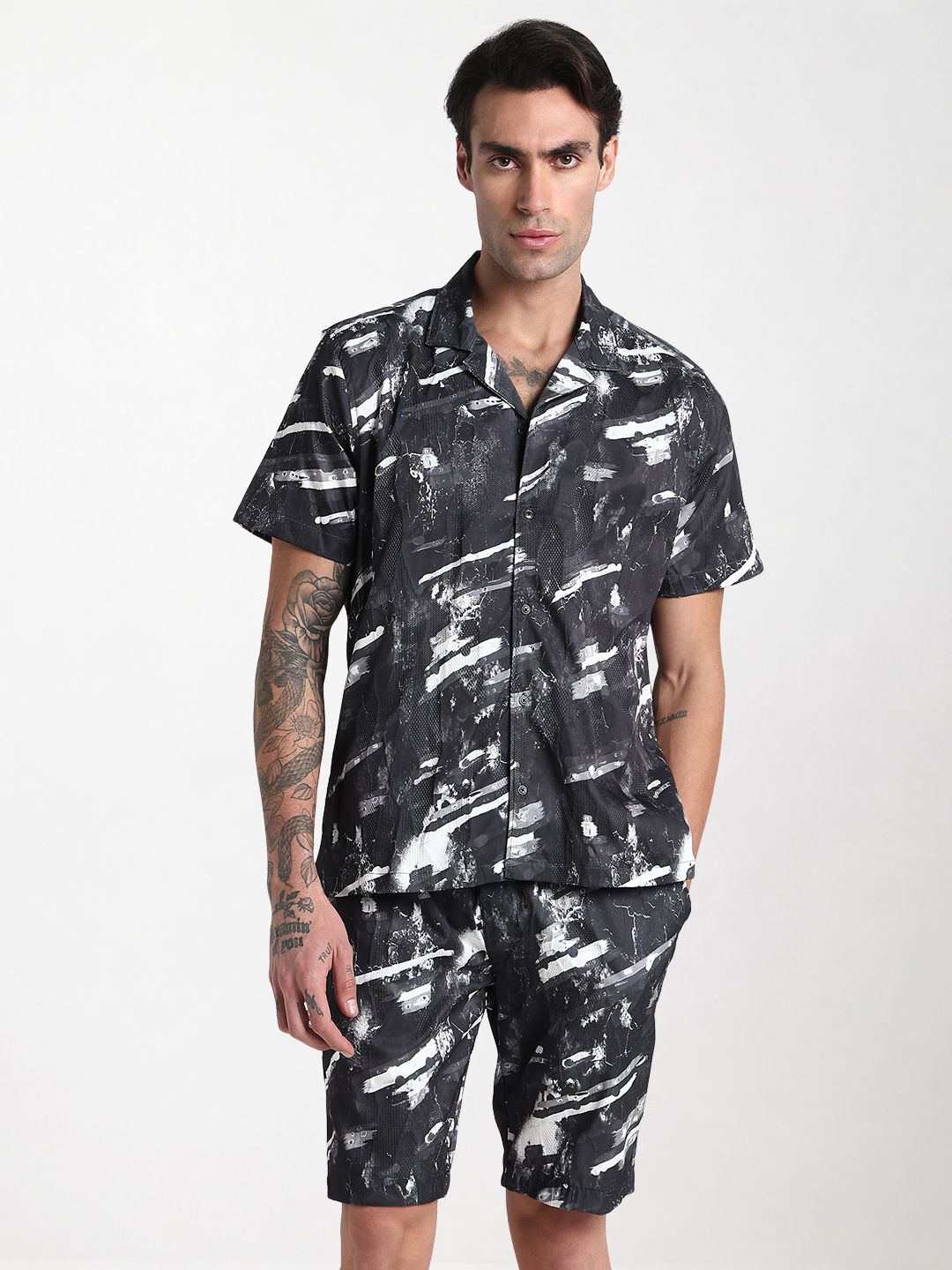 Men's Grey Printed Cuban Collar Relaxed Fit Co-Ords Set
