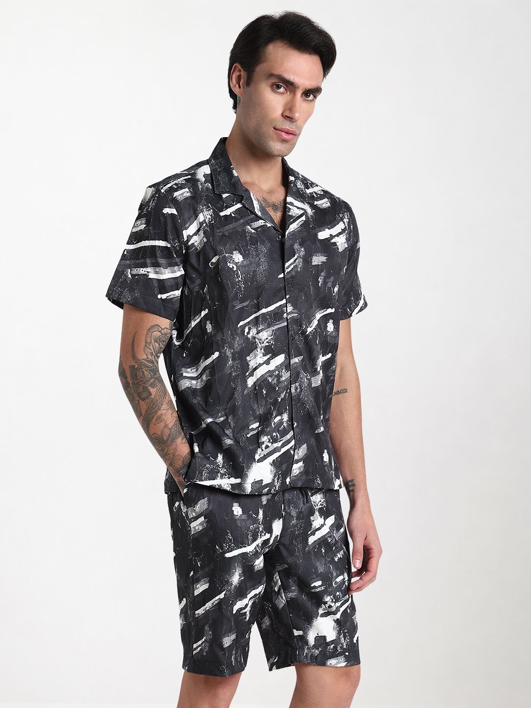 Men's Grey Printed Cuban Collar Relaxed Fit Co-Ords Set