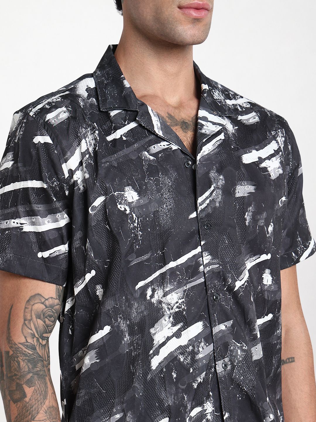 Men's Grey Printed Cuban Collar Relaxed Fit Co-Ords Set