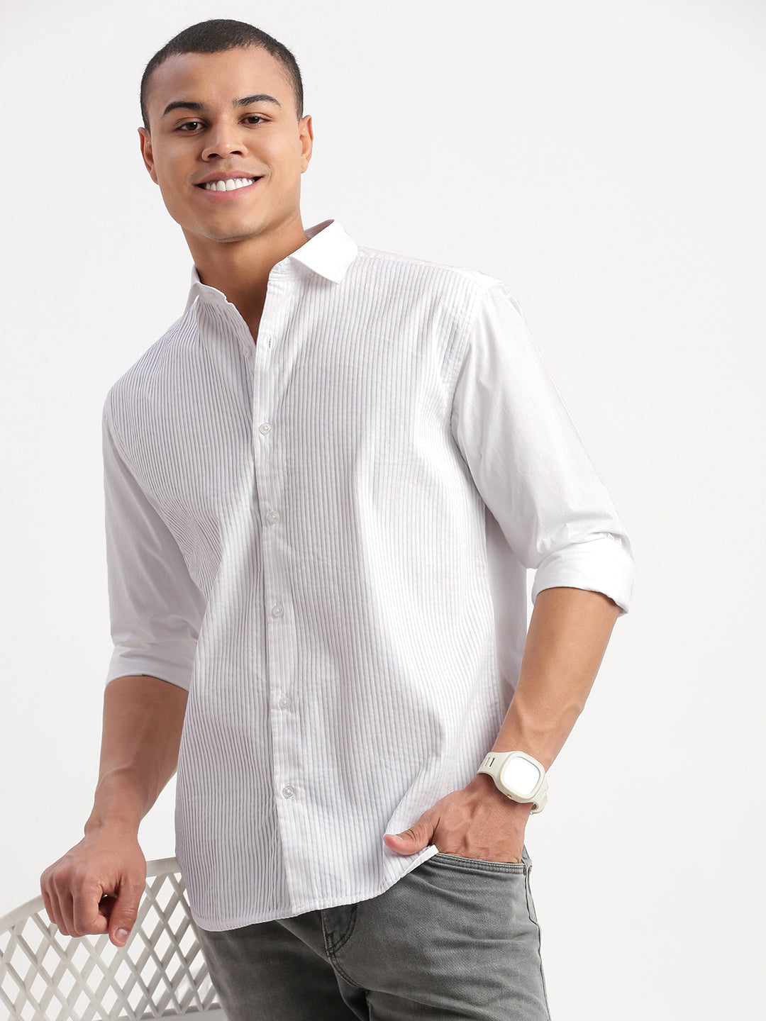 Men Vertical Stripes White Shirt