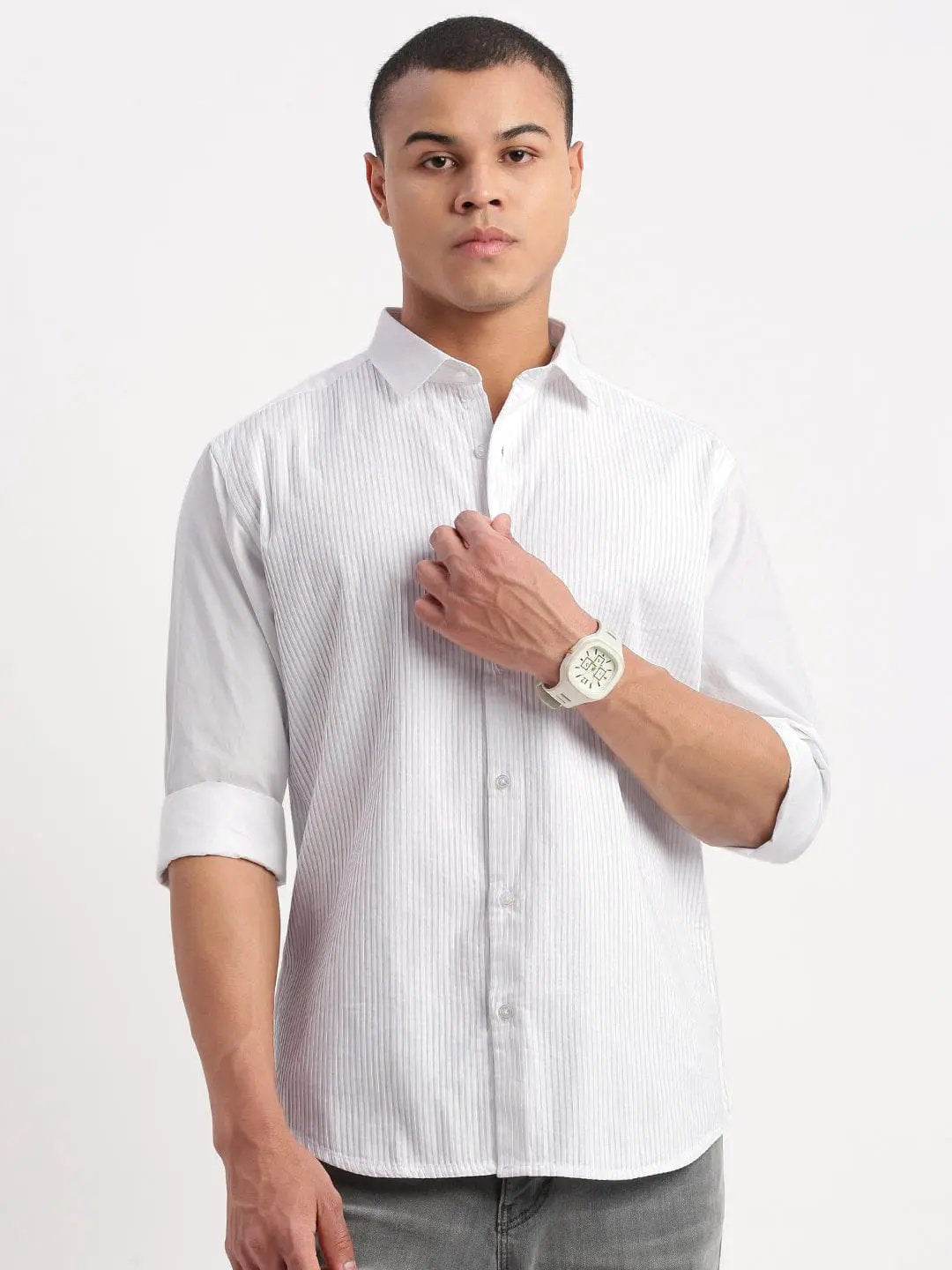 White Vertical Striped Casual Shirt for Men Online | Showoffff