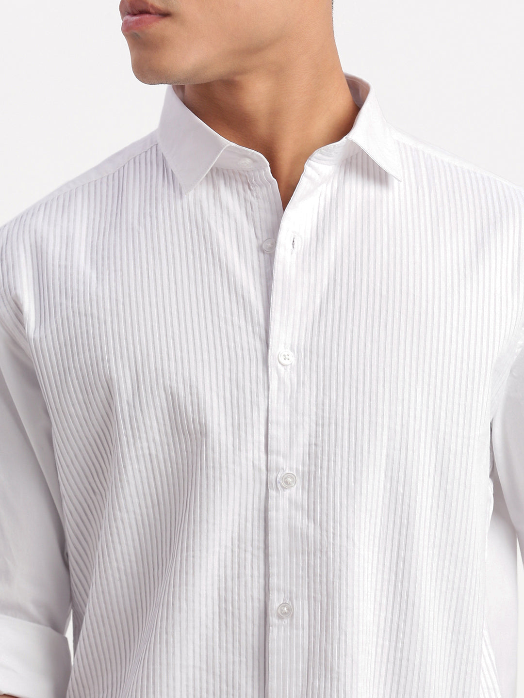 Men Vertical Stripes White Shirt