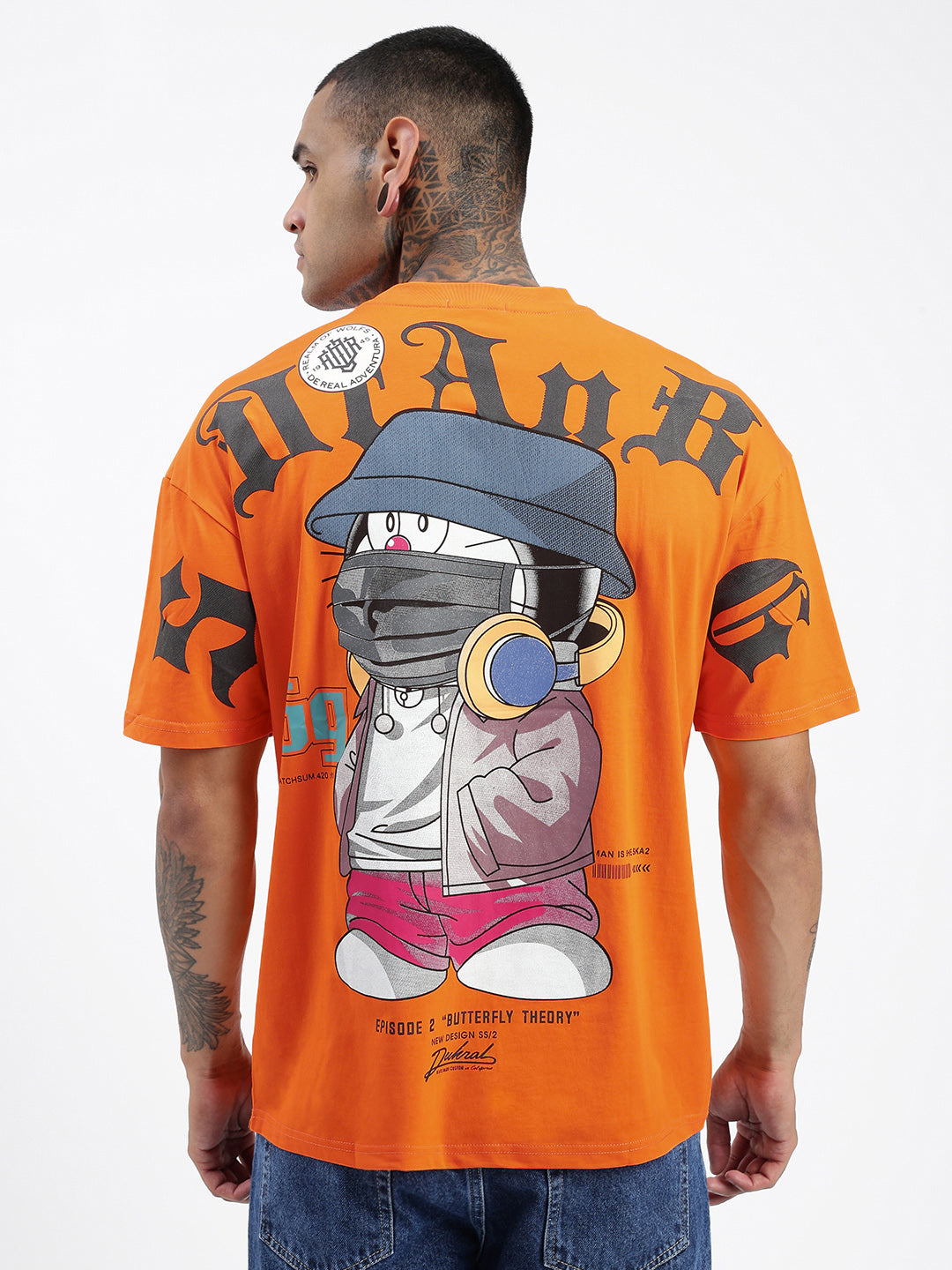 Men's Orange Doraemon Graphic Printed Round Neck Cotton Relaxed Fit T-Shirt