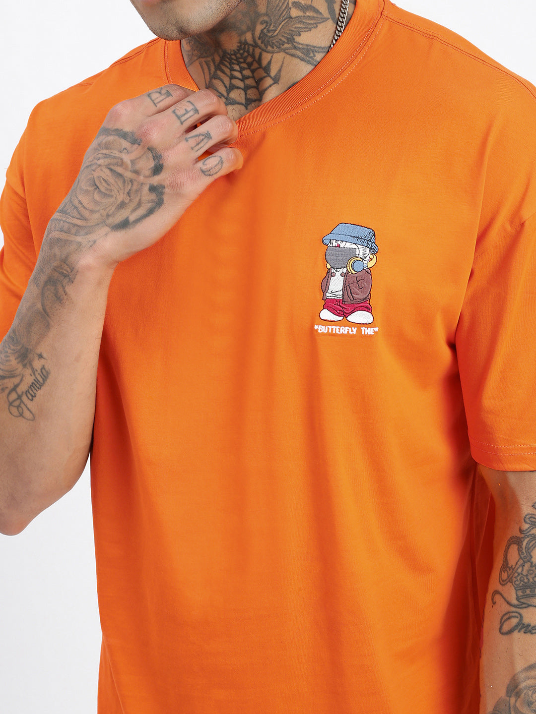 Men's Orange Doraemon Graphic Printed Round Neck Cotton Relaxed Fit T-Shirt