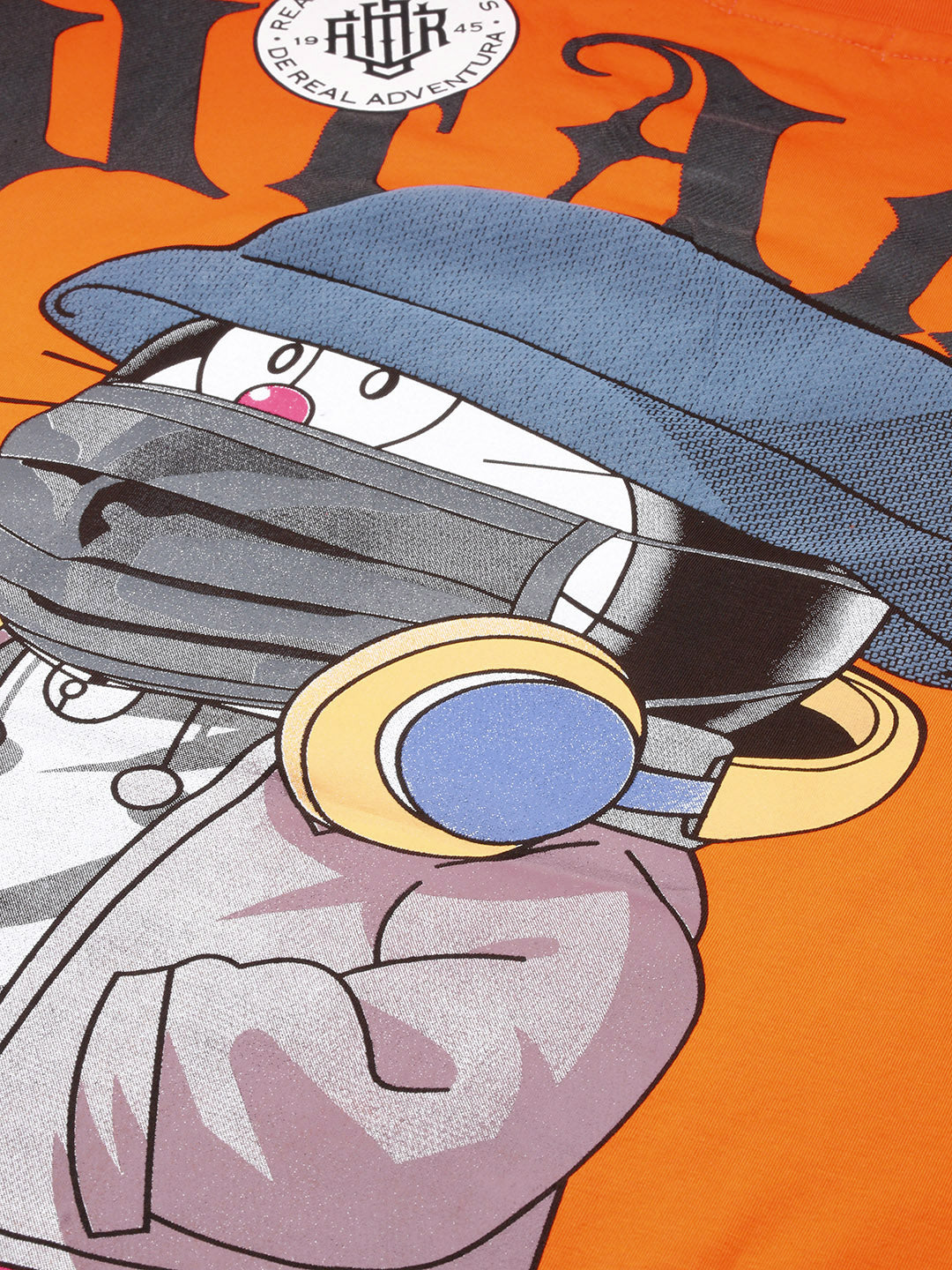 Men's Orange Doraemon Graphic Printed Round Neck Cotton Relaxed Fit T-Shirt