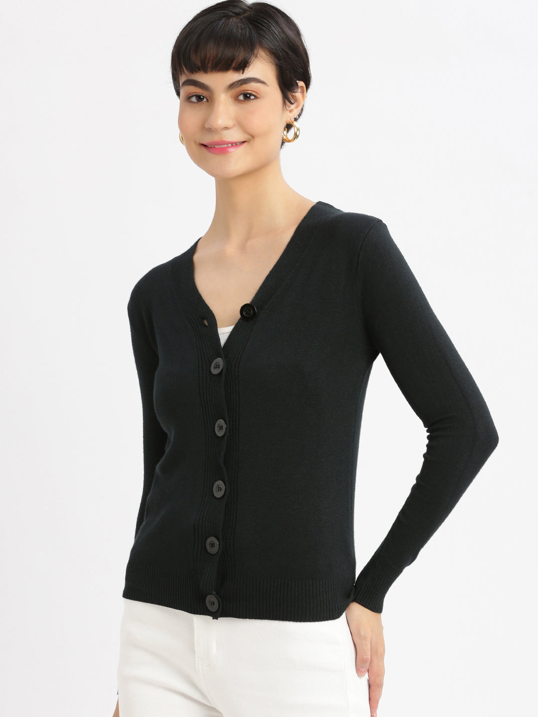 Women Solid Black Cardigan