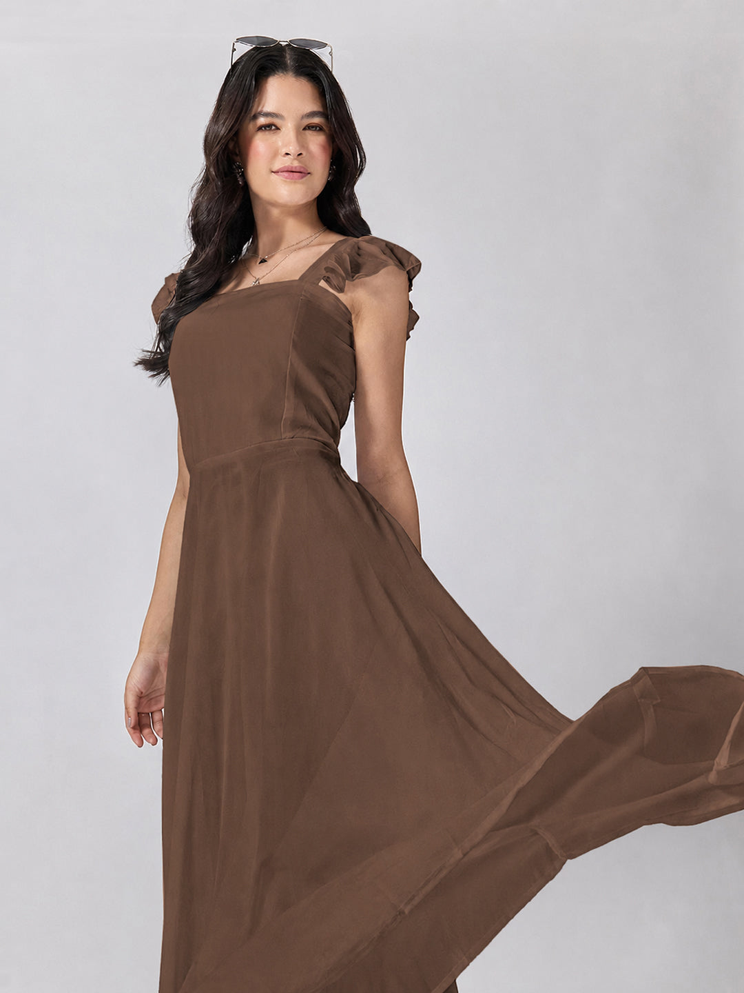 Women’s Brown Maxi Dress with Ruffled Shoulder Straps and Flared Silhouette