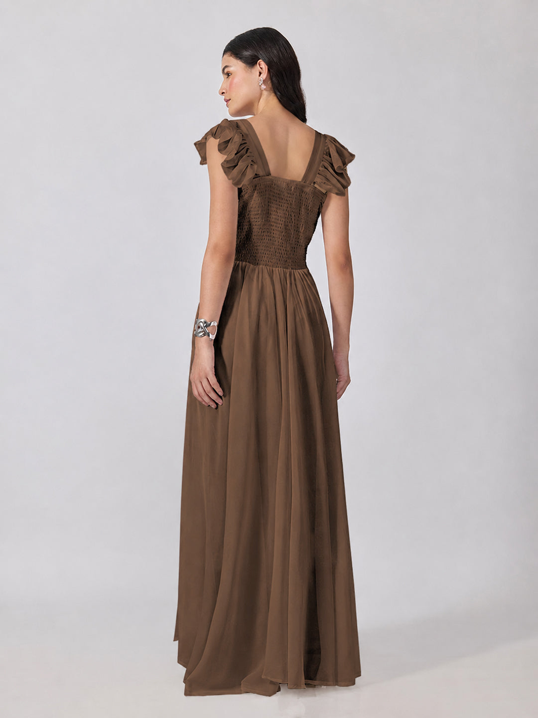 Women’s Brown Maxi Dress with Ruffled Shoulder Straps and Flared Silhouette