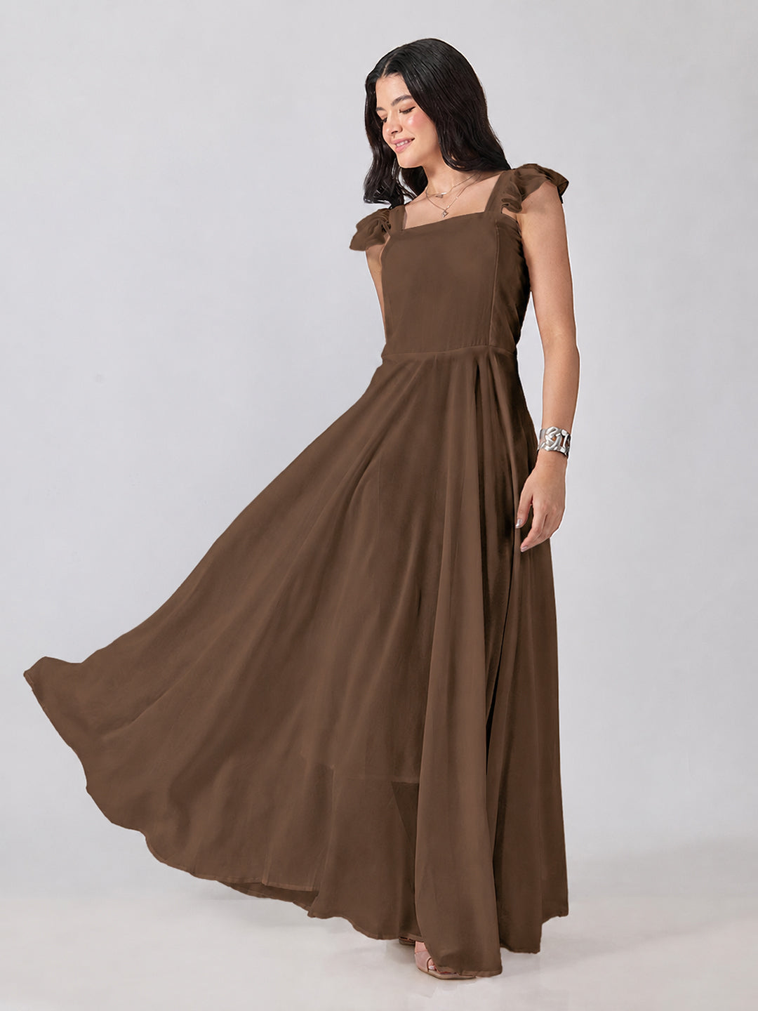 Women’s Brown Maxi Dress with Ruffled Shoulder Straps and Flared Silhouette